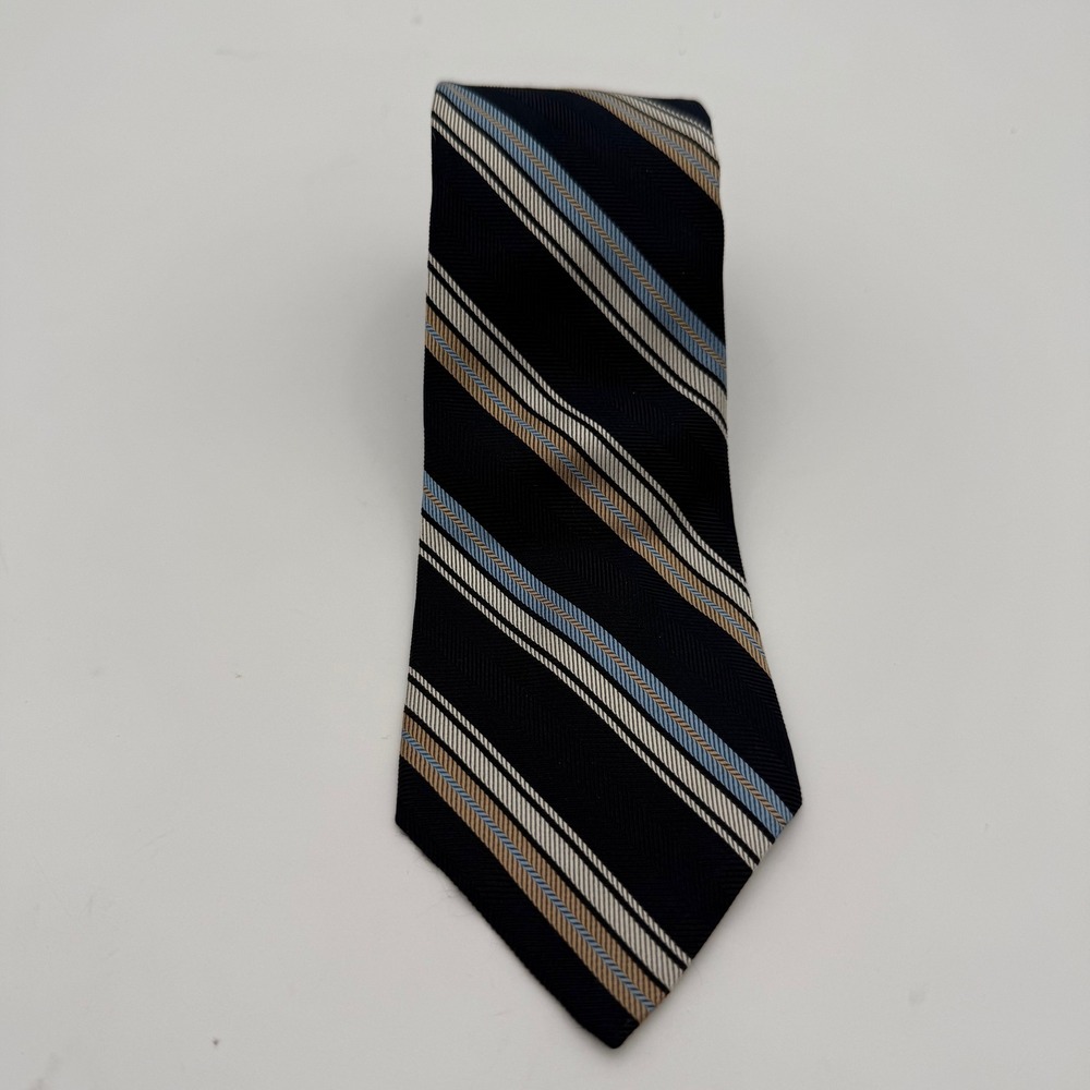 Christian Dior Cravates Mens Silk Tie Navy Blue Gold Striped Herringbone Vintage